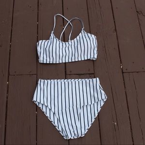 Black and white striped high waisted bikini